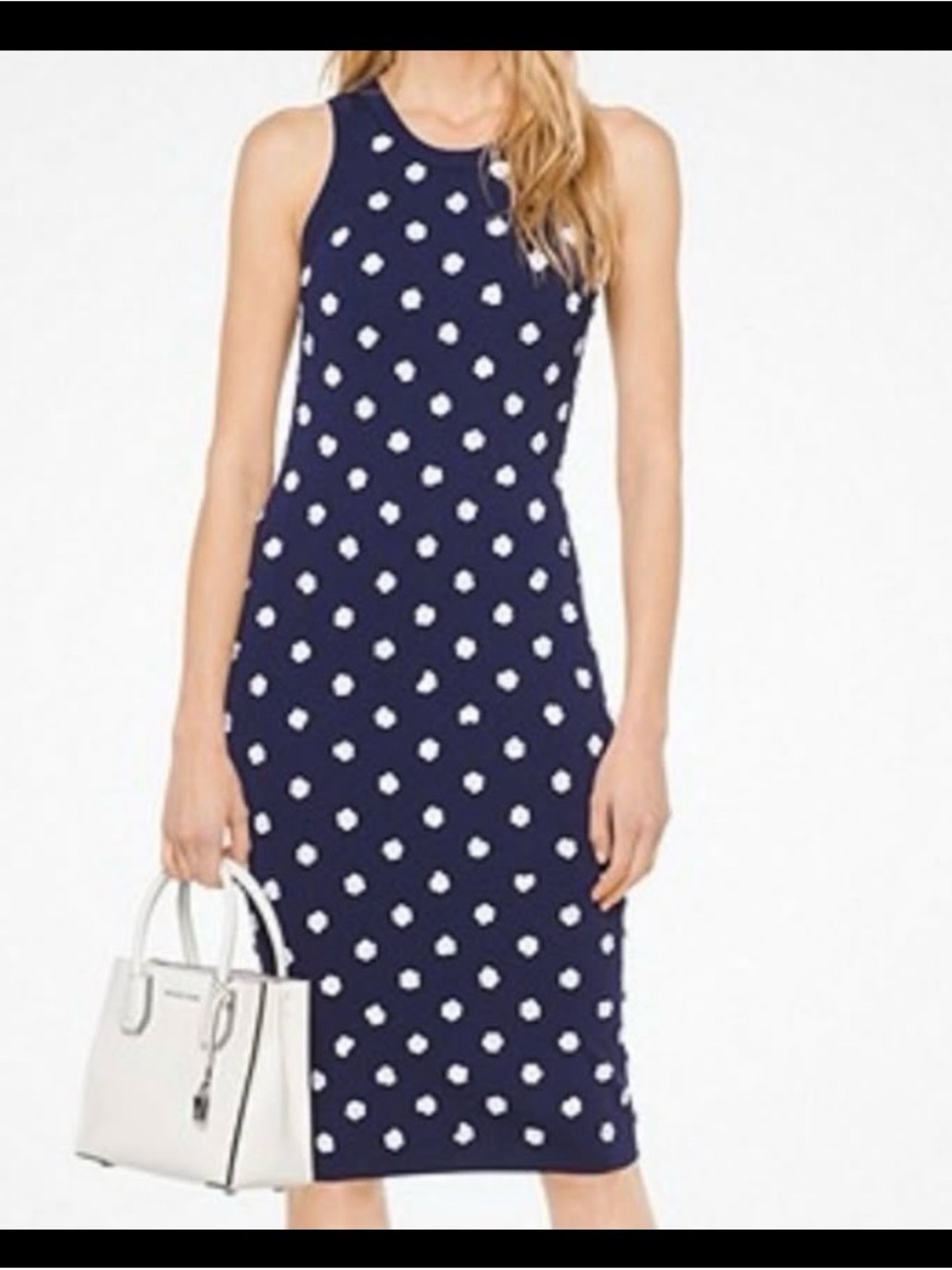 Michael Kors Navy and White Polka Dot Sleeveless Sheath